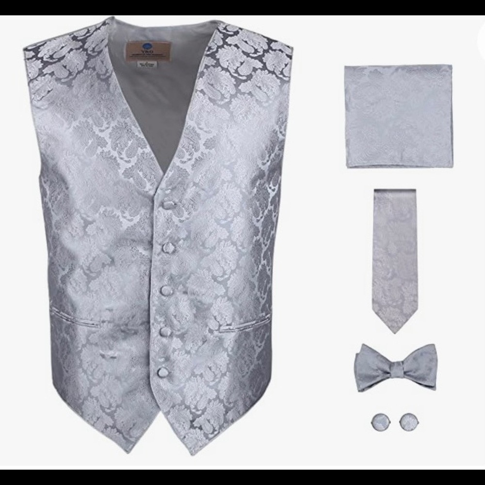 Prom Wedding Silver vest, long tie, bow tie, pocket square, cuff links